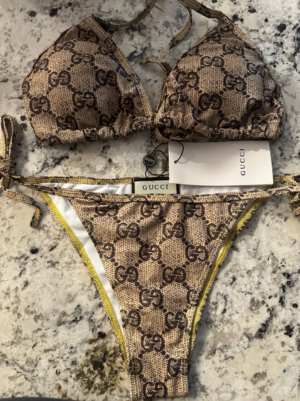 Gucci Beige and Brown Monogram Triangle Bikini